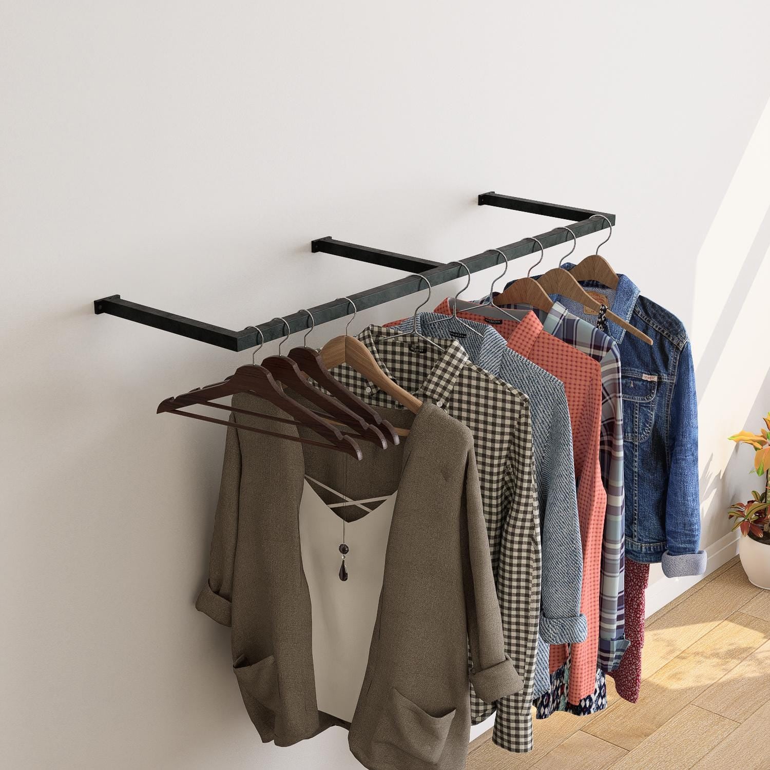 Wall-mounted square tube clothing rack with multiple hanging