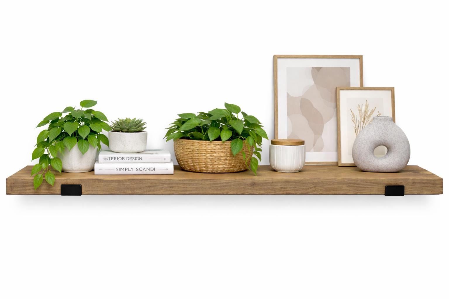 Solid Wood Rustic Shelf with Black Industrial Brackets