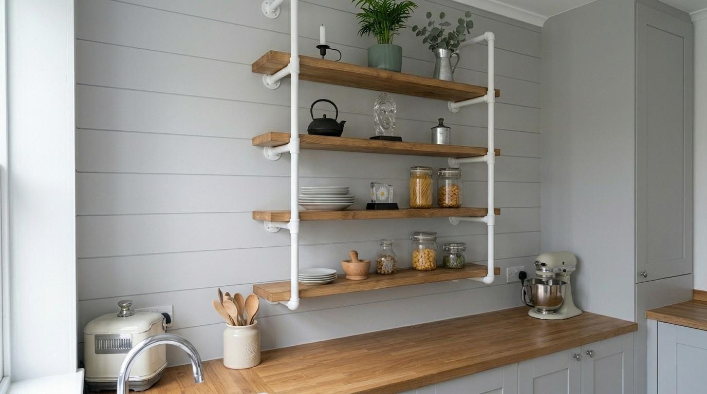 Multi-Tier White Pipe Shelf – Scandi Kitchen Shelving