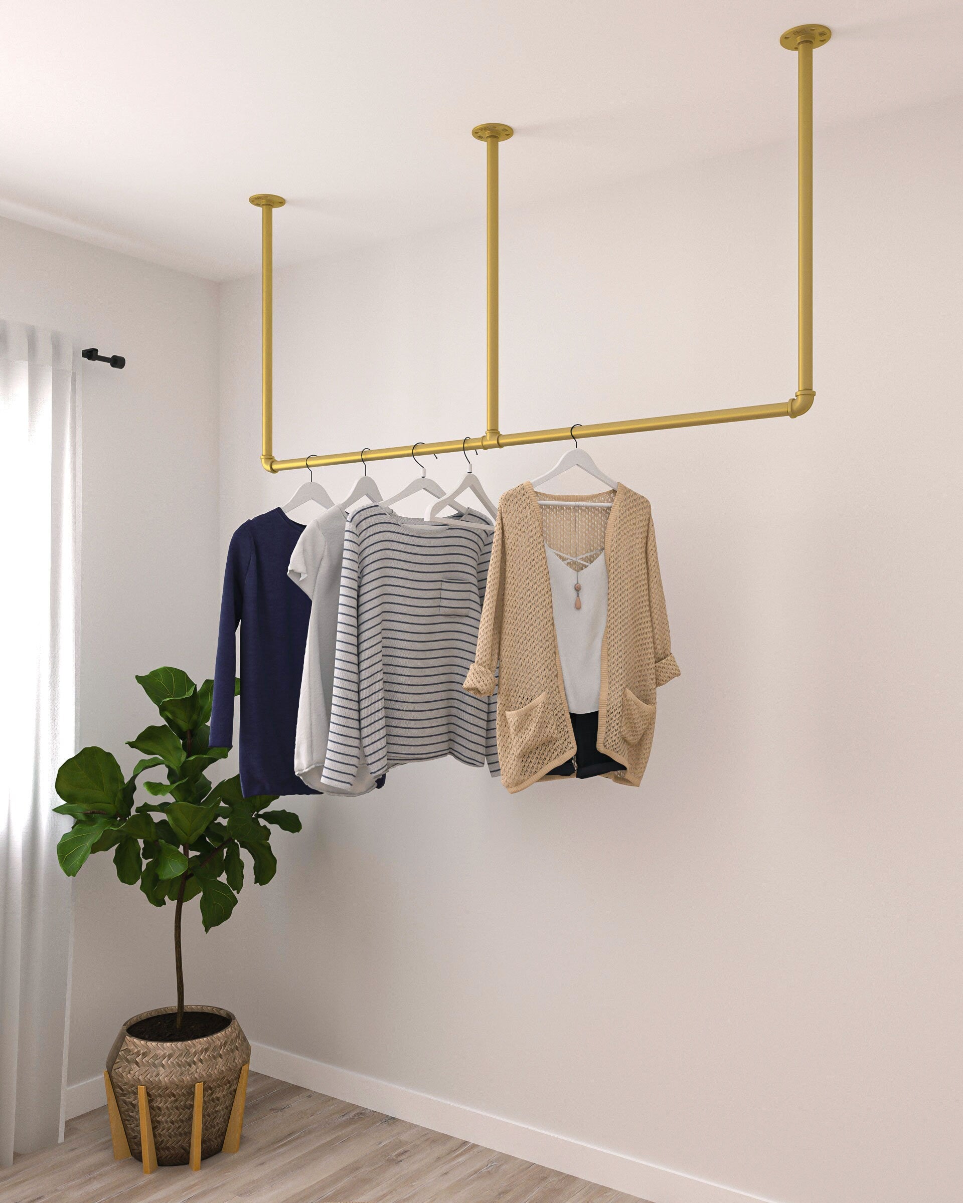 Heavy Duty Minimalistic Clothes Rack | Garment Rail made of metal mounted on the ceiling Ceiling Clothing rack