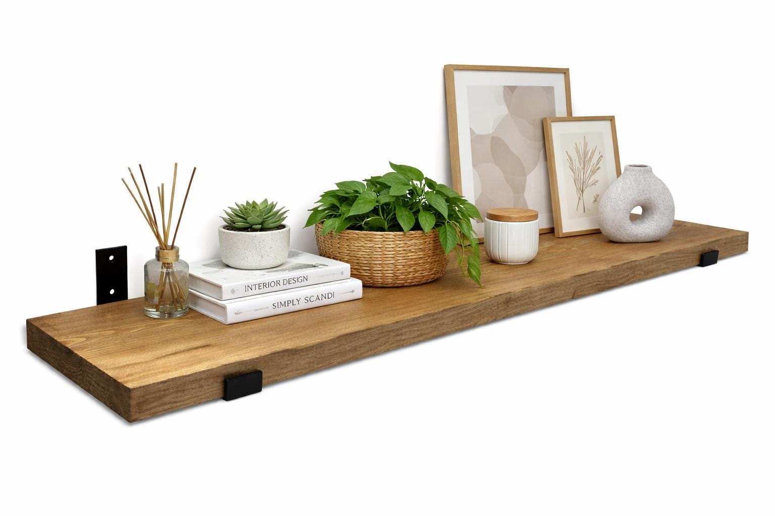 Solid Wood Rustic Shelf with Black Industrial Brackets