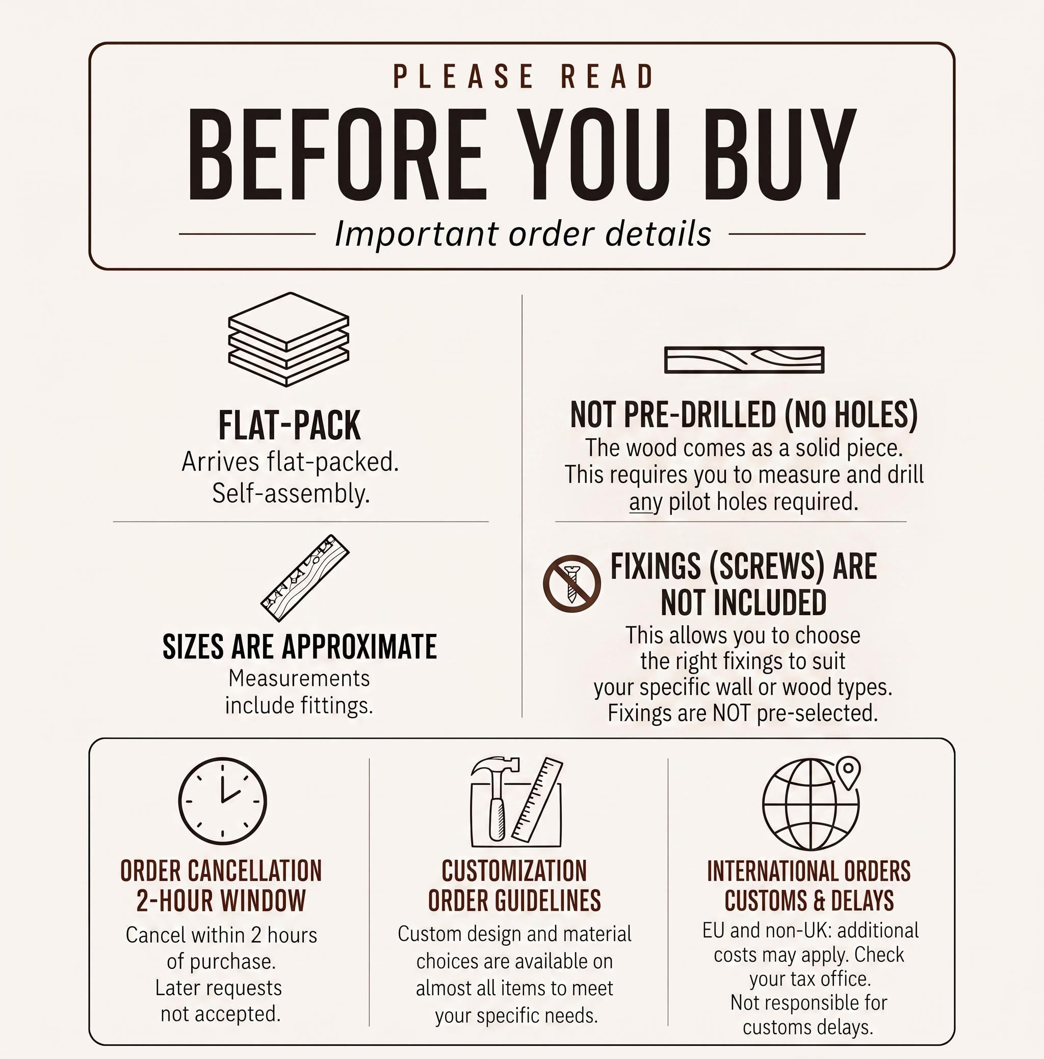 a list of instructions and information about a product, likely a flat-pack or custom-designed item. It includes details about the product&