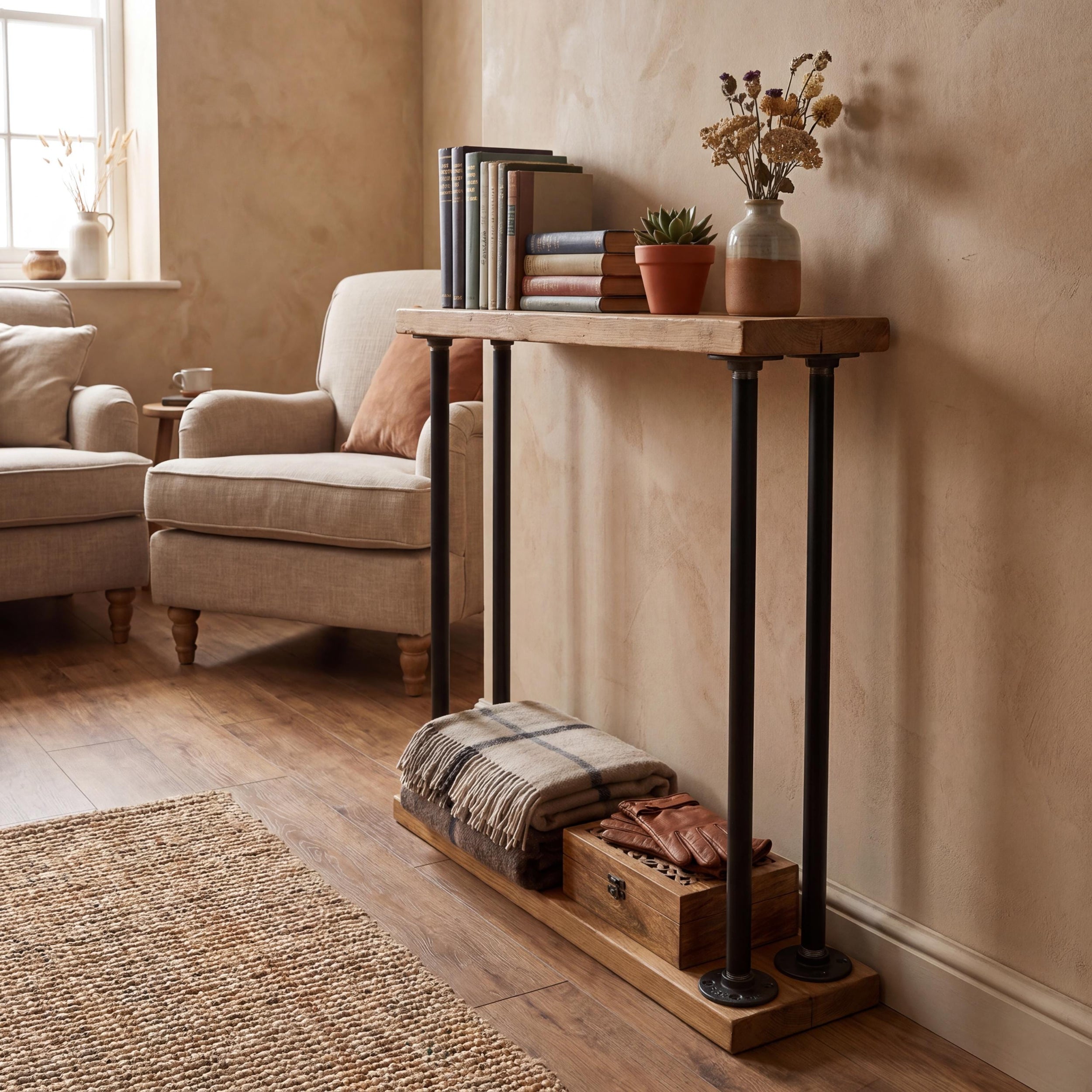 Wooden side table with books and decorative items in a living room setting