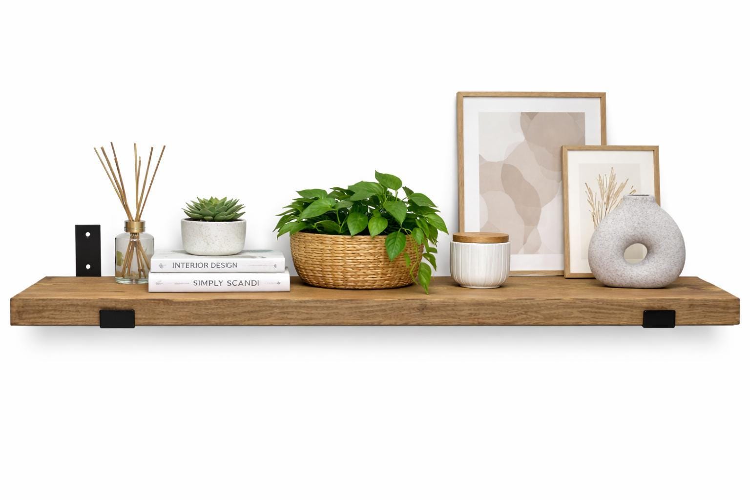 Solid Wood Rustic Shelf with Black Industrial Brackets