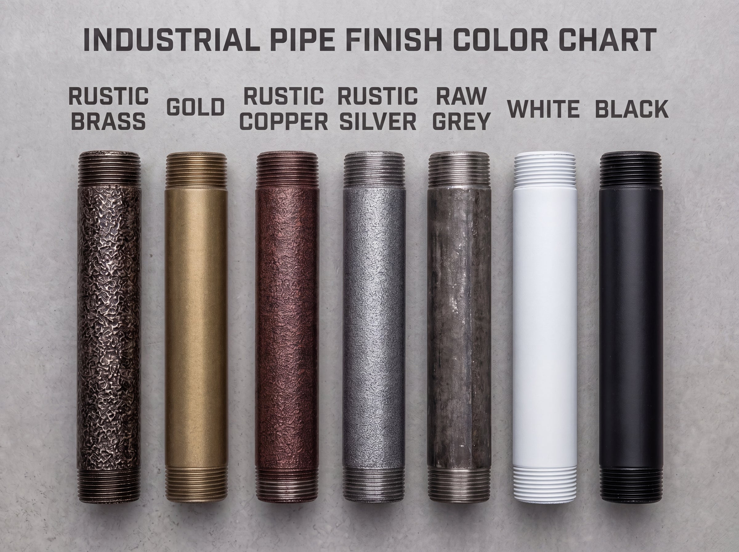 Industrial pipe finish colour chart showing Rustic Brass, Gold, Rustic Copper, Rustic Silver, Raw Grey, White and Black