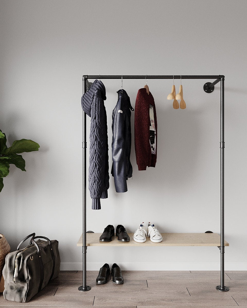 Ehve Open Wardrobe Clothes Rack, a retro wall wardrobe with shelves for shoes and other items, suitable for holding and organizing garments and accessories, with detachable parts for easy mounting."
