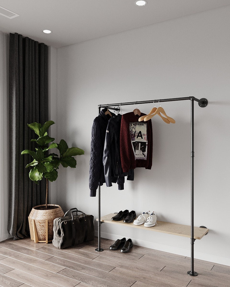 Ehve Open Wardrobe Clothes Rack, a retro wall wardrobe with shelves for shoes and other items, suitable for holding and organizing garments and accessories, with detachable parts for easy mounting."