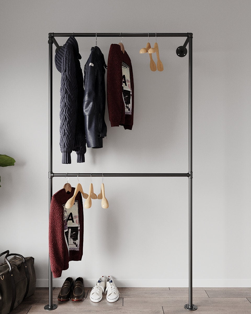 Eenux Clothes Rail, a versatile two-level pipe clothes rack, suitable for walk-in wardrobe clothes racking in home or office settings