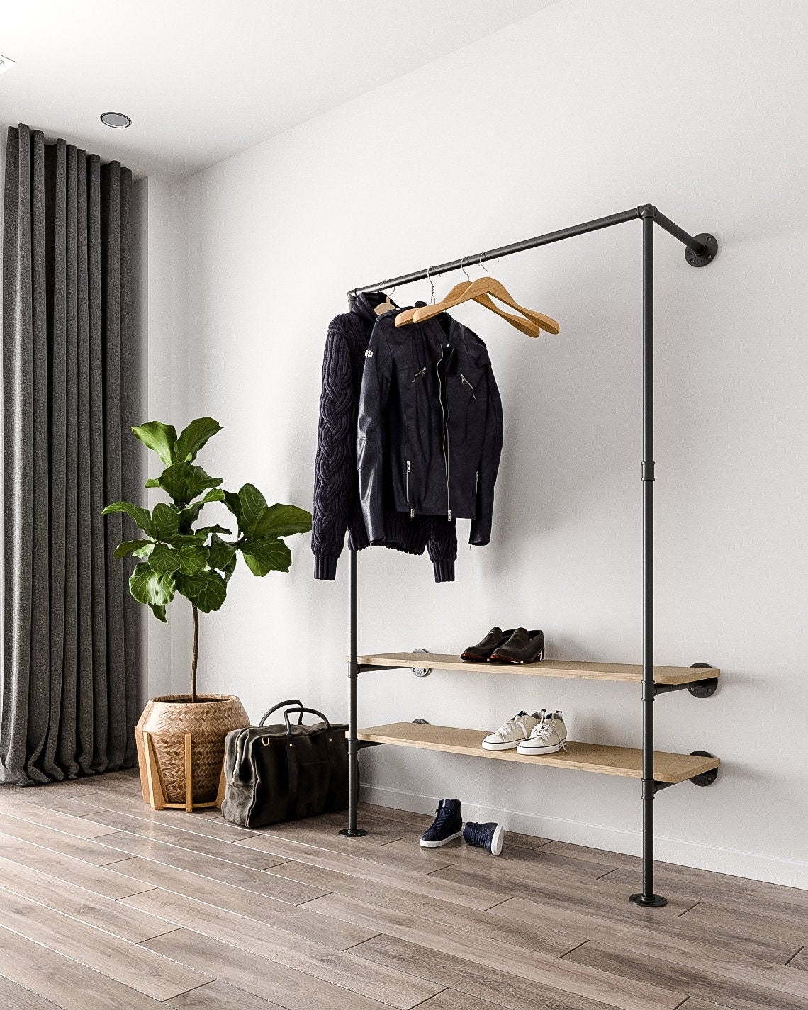 A versatile Closet Clothing Rail with hanging clothes, highlighting its space-saving design.
