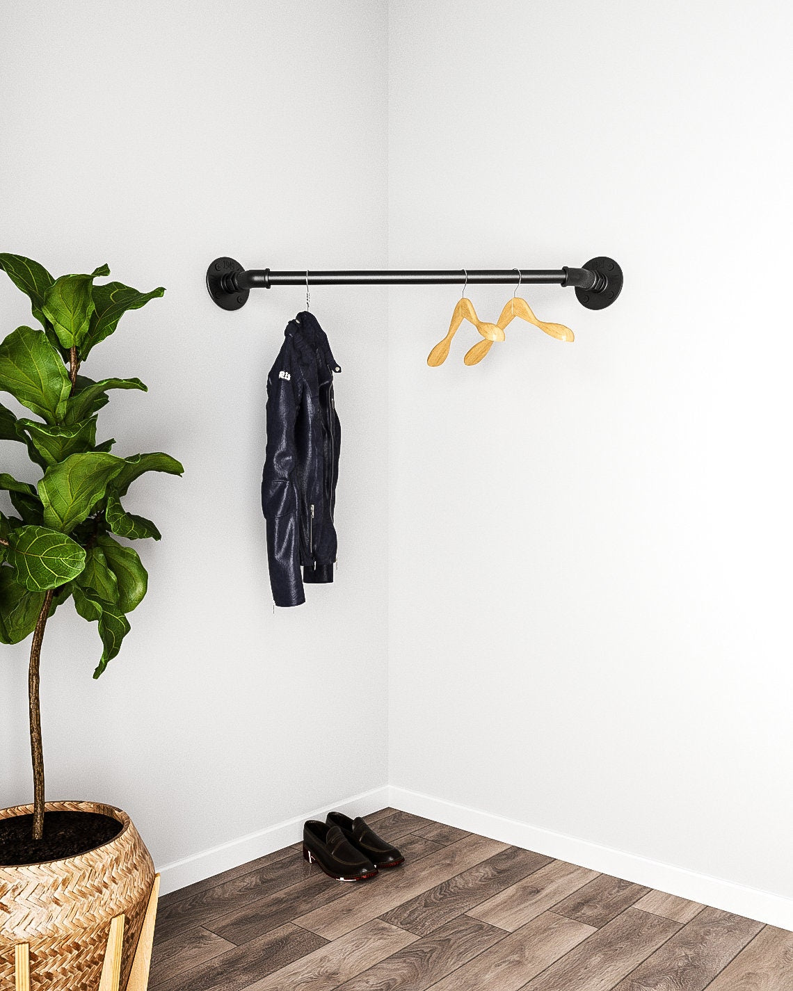 Amos Corner Industrial Pipe Wall Mounted Clothes Rack, a sturdy and customizable clothes hanger rack.