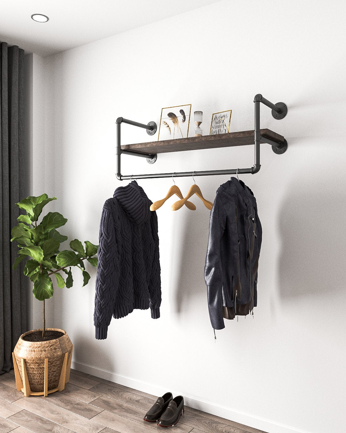Clothes Rail with Built-in Shelf, displaying garments and accessories, showcasing its multifunctional design.