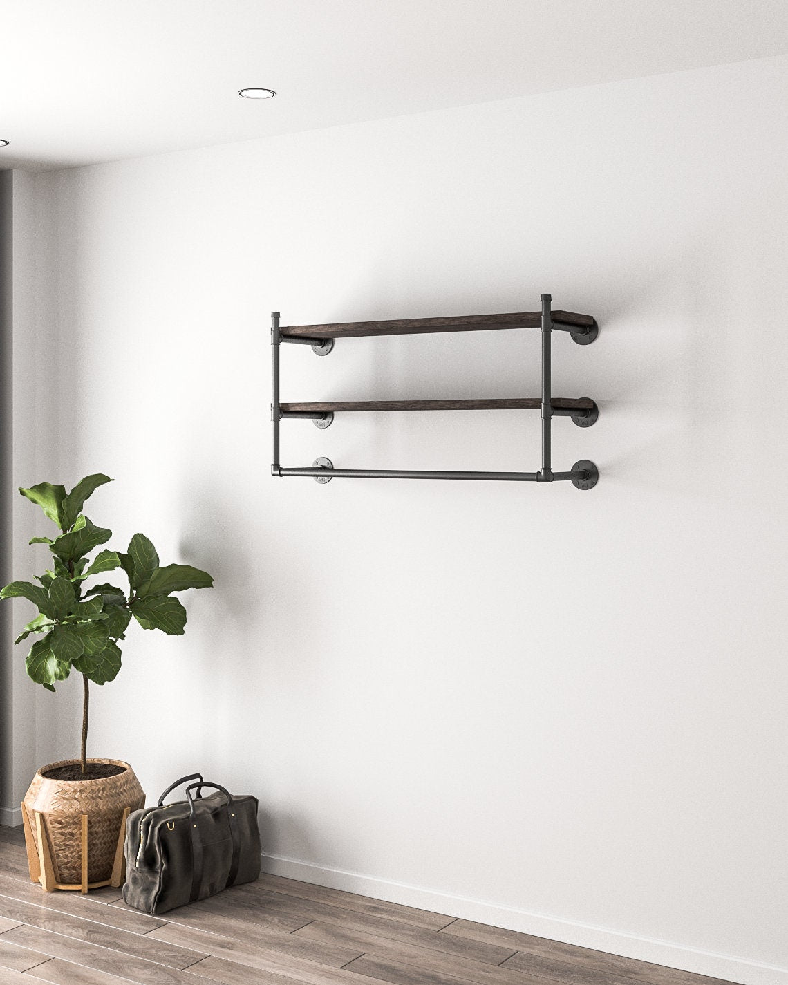 Retro Clothing Rack with Wood Shelves, a wall-mounted garment storage solution with shelves for shoes, hats, and other items, easy to assemble and install.