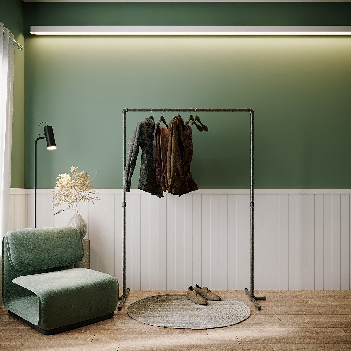 "Asius Clothes Rail, a robust and stylish free-standing pipe clothes rack and coat hanger