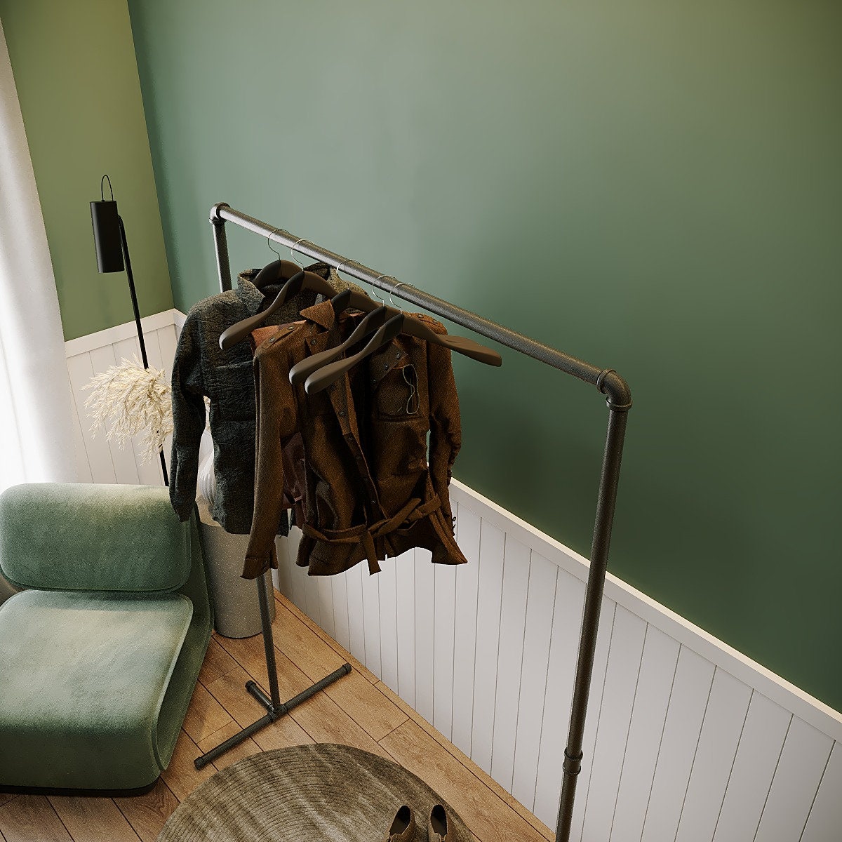"Asius Clothes Rail, a robust and stylish free-standing pipe clothes rack and coat hanger