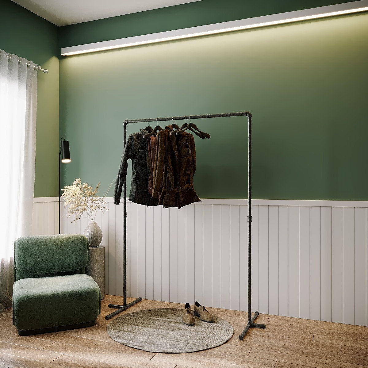 "Asius Clothes Rail, a robust and stylish free-standing pipe clothes rack and coat hanger