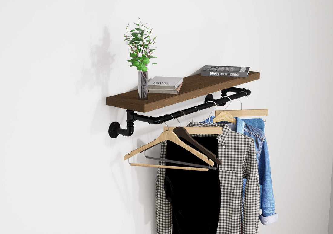 Industrial Wall-Mounted Clothing Rack with Wooden Shelf and Pipe Design - Stylish Storage Solution for Entryway or Bedroom