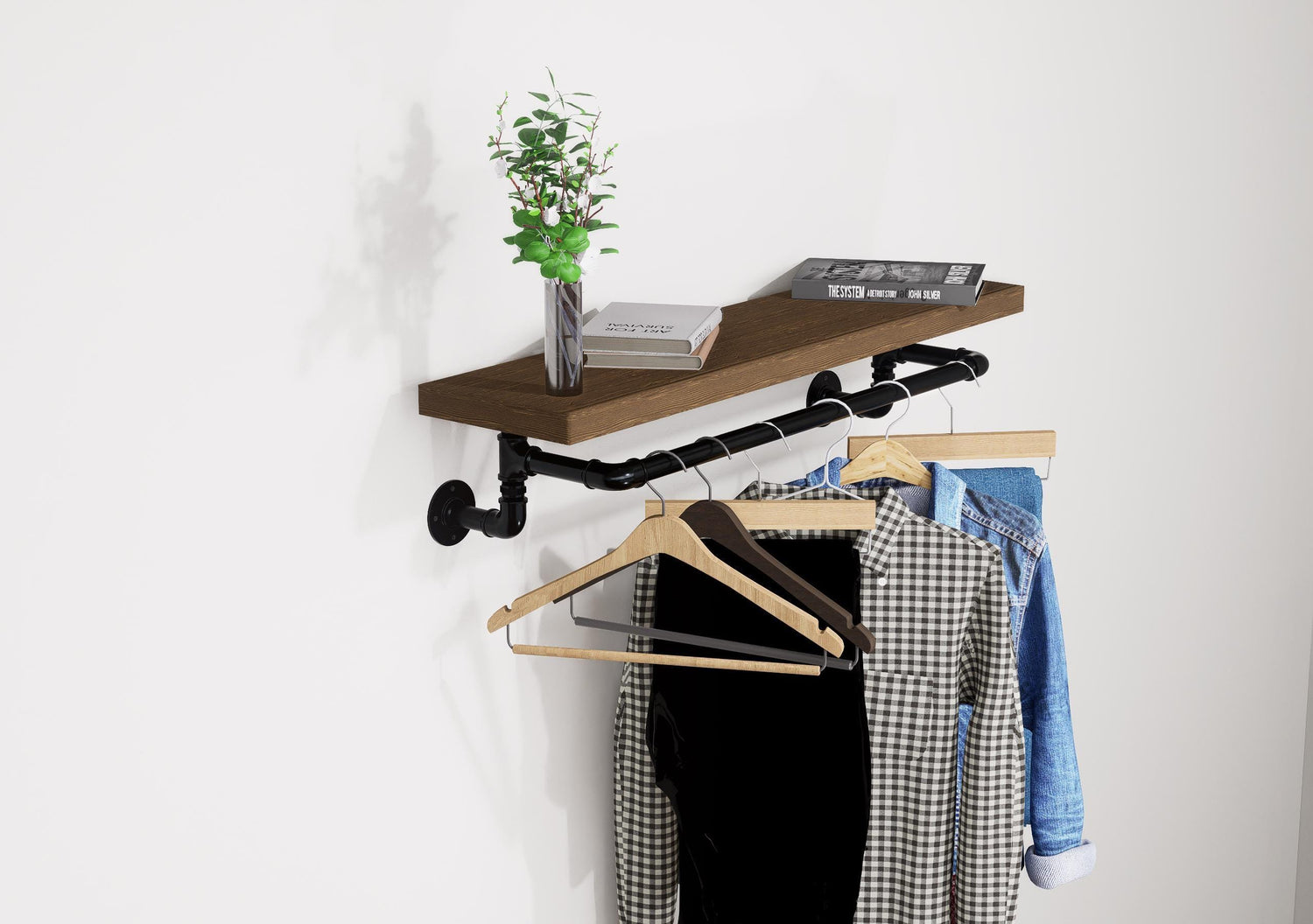 Industrial Wall-Mounted Clothing Rack with Wooden Shelf and Pipe Design - Stylish Storage Solution for Entryway or Bedroom