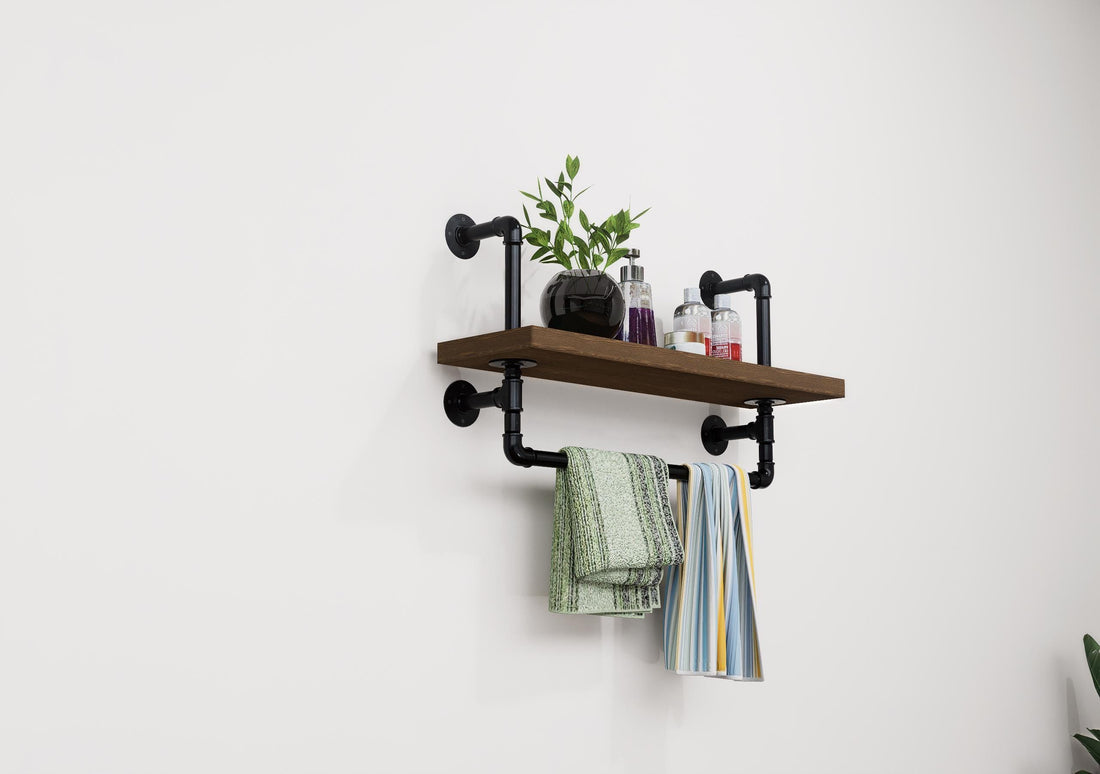 Industrial Pipe Wall Shelf with Towel Bar Rustic Wood Floating Shelf for Bathroom, Kitchen or Entryway Storage Farmhouse Decor
