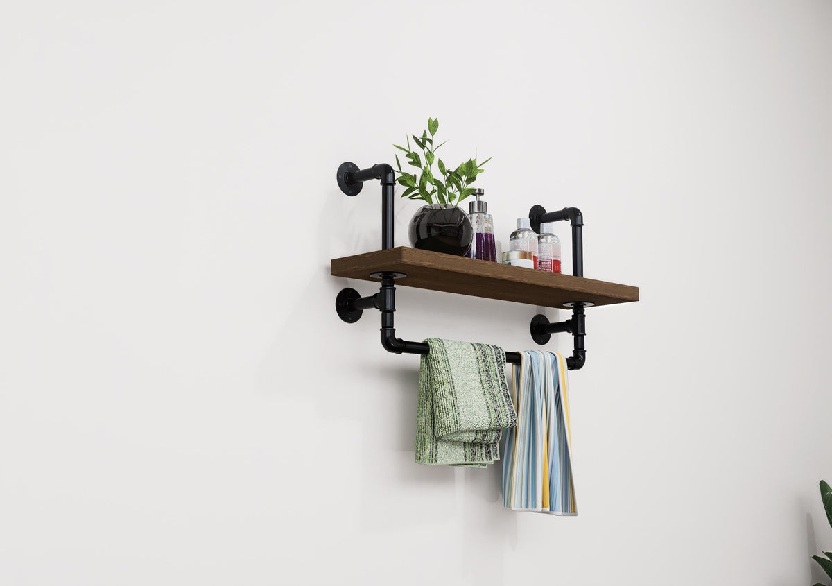 Industrial Pipe Wall Shelf with Towel Bar Rustic Wood Floating Shelf for Bathroom, Kitchen or Entryway Storage Farmhouse Decor