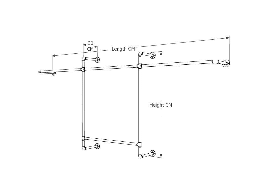 Open Wardrobe Industrial Wall Mounted Clothing Rack Heavy Duty Metal Pipe Garment Rack for Closet, Retail Display, Entryway or Laundry Room