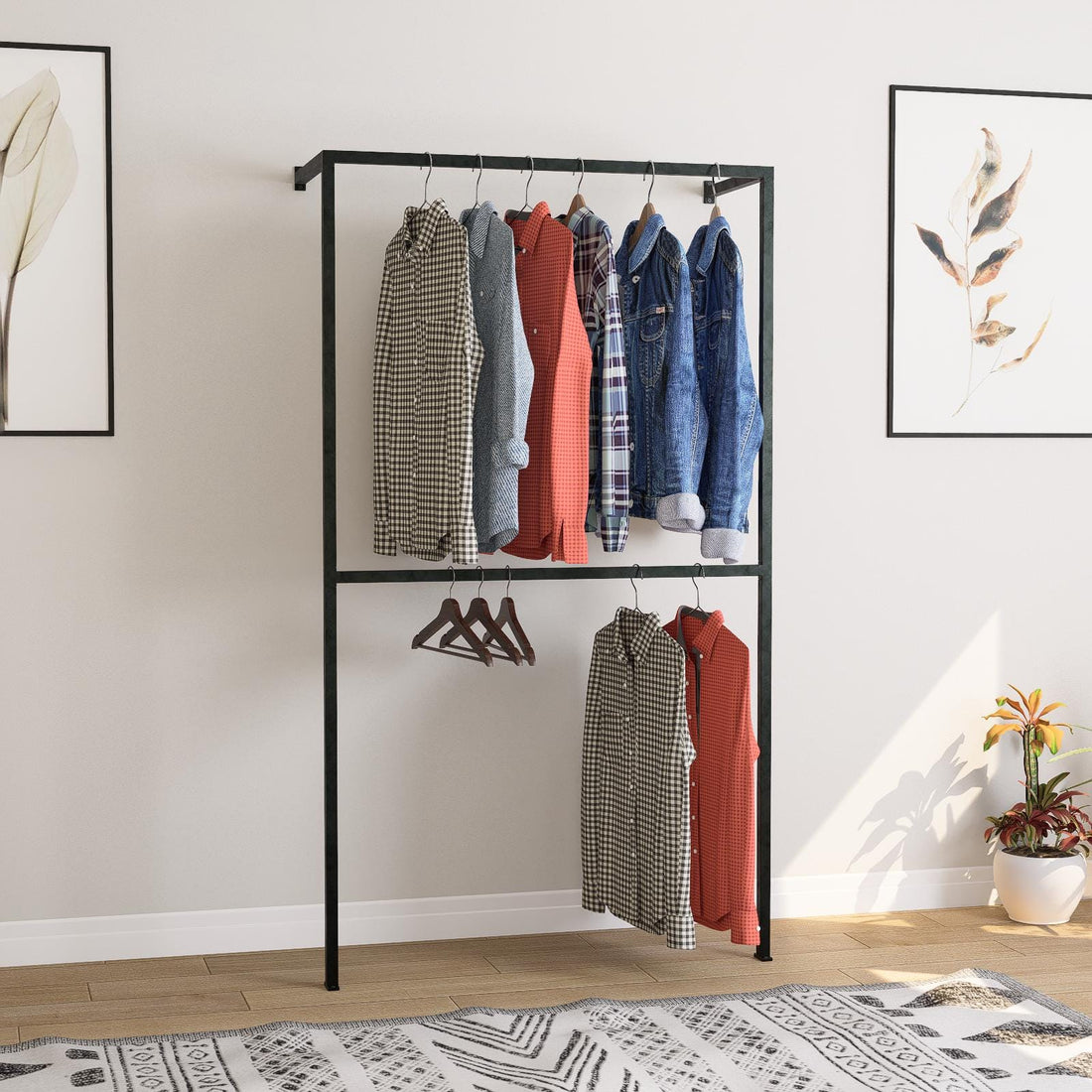 Minimalist wall-mounted clothing rack made from seamless square tube steel, featuring two hanging rails
