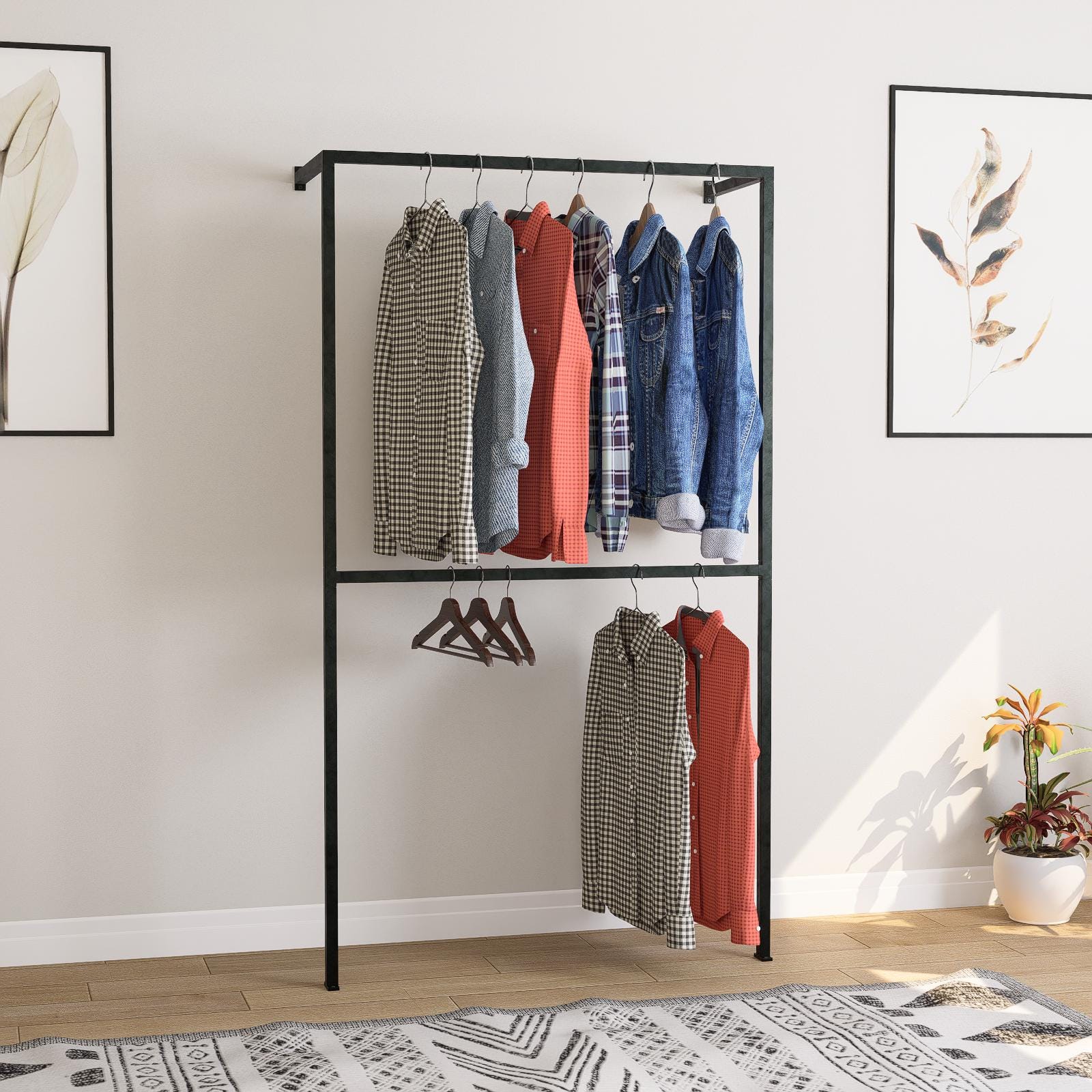 Minimalist wall-mounted clothing rack made from seamless square tube steel, featuring two hanging rails