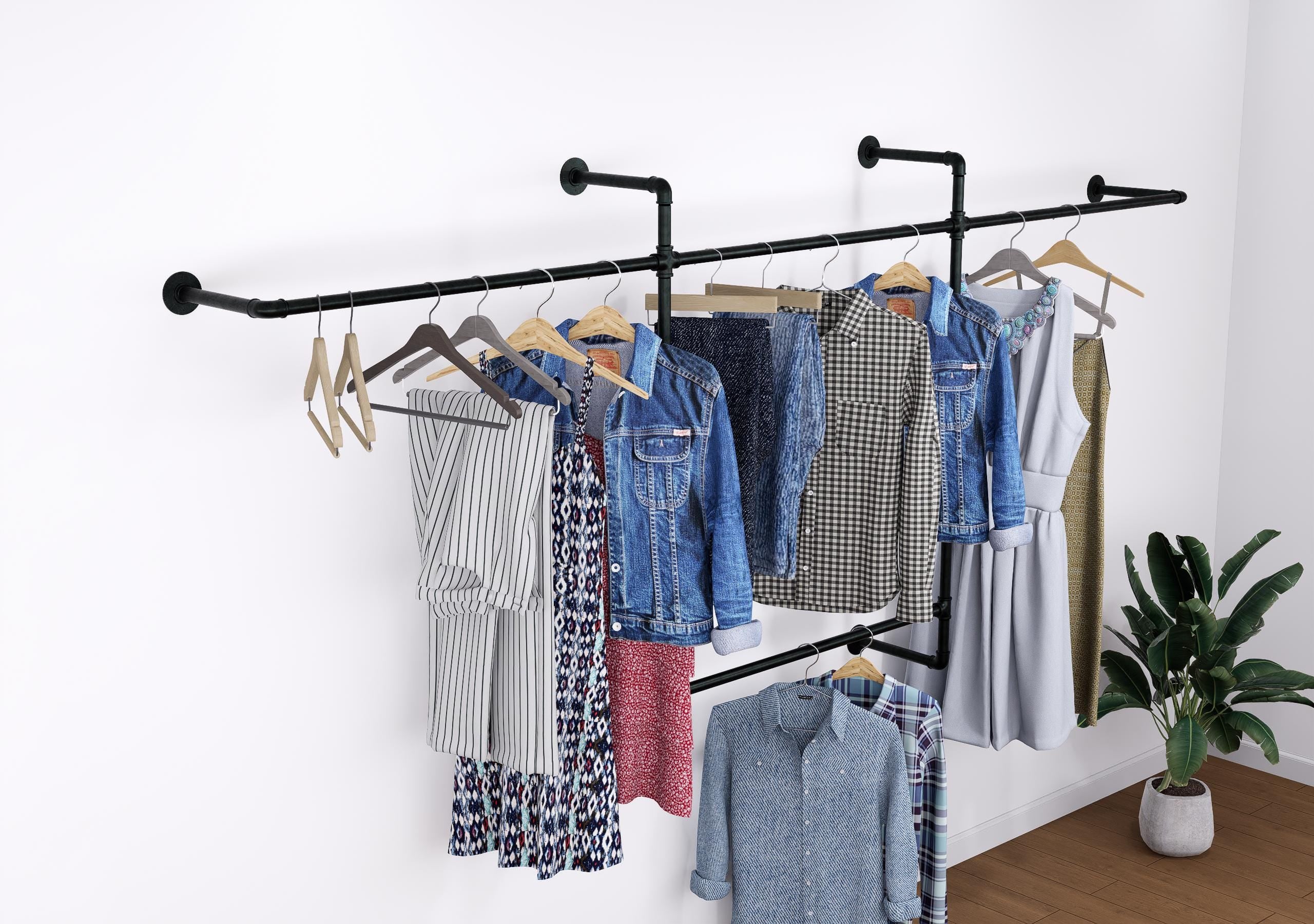 Open Wardrobe Industrial Wall Mounted Clothing Rack Heavy Duty Metal Pipe Garment Rack for Closet, Retail Display, Entryway or Laundry Room