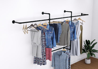 Open Wardrobe Industrial Wall Mounted Clothing Rack Heavy Duty Metal Pipe Garment Rack for Closet, Retail Display, Entryway or Laundry Room