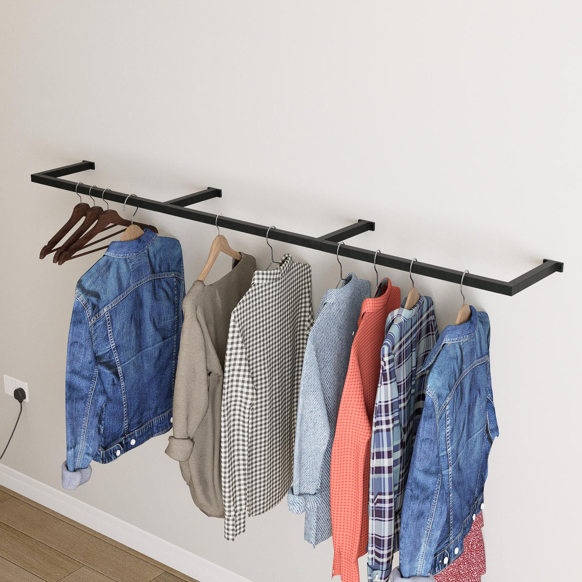 Wall Mounted Clothes Rack  Flat Pack | Heavy Duty Square Tube Garment Rail | Industrial Metal Hanging Rod | Minimalist Space Saving Design