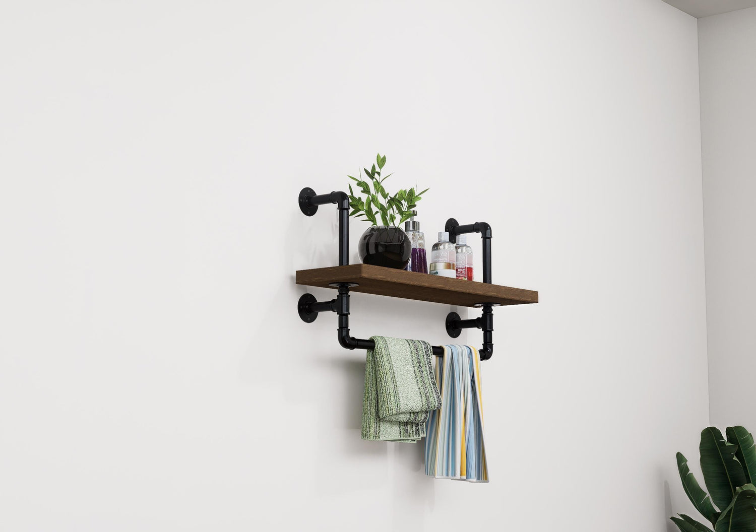 Industrial Pipe Wall Shelf with Towel Bar Rustic Wood Floating Shelf for Bathroom, Kitchen or Entryway Storage Farmhouse Decor