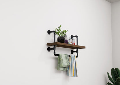 Industrial Pipe Wall Shelf with Towel Bar Rustic Wood Floating Shelf for Bathroom, Kitchen or Entryway Storage Farmhouse Decor