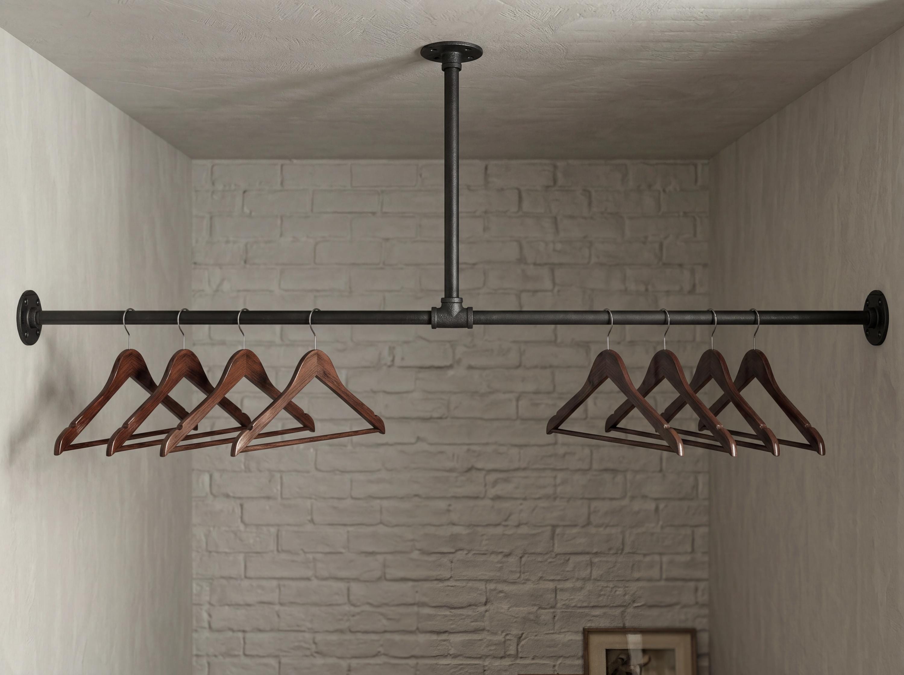 Industrial Pipe Clothing Rack | Wall To Wall &amp; Ceiling Mounted Clothes Rail | Black Iron Garment Rack | Open Wardrobe | Custom Size Boutique