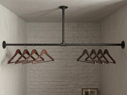 Industrial Pipe Clothing Rack | Wall To Wall &amp; Ceiling Mounted Clothes Rail | Black Iron Garment Rack | Open Wardrobe | Custom Size Boutique