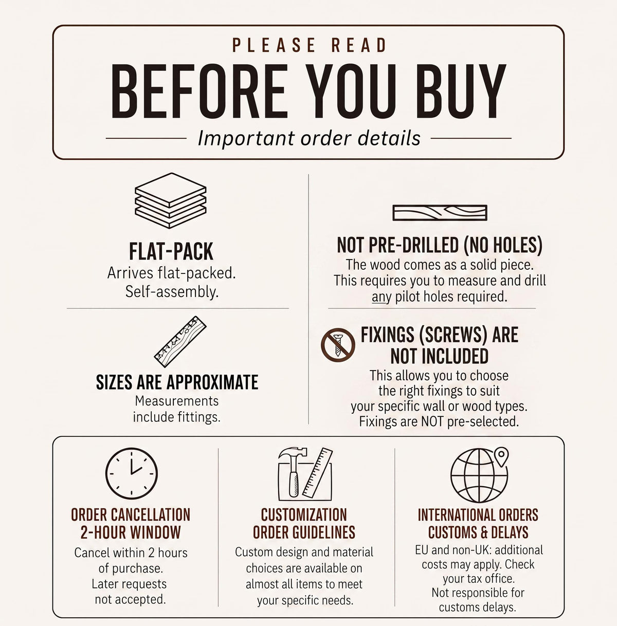 a list of instructions and information about a product, likely a flat-pack or custom-designed item. It includes details about the product's assembly, size, and order specifications, as well as instructions for ordering and delivery.