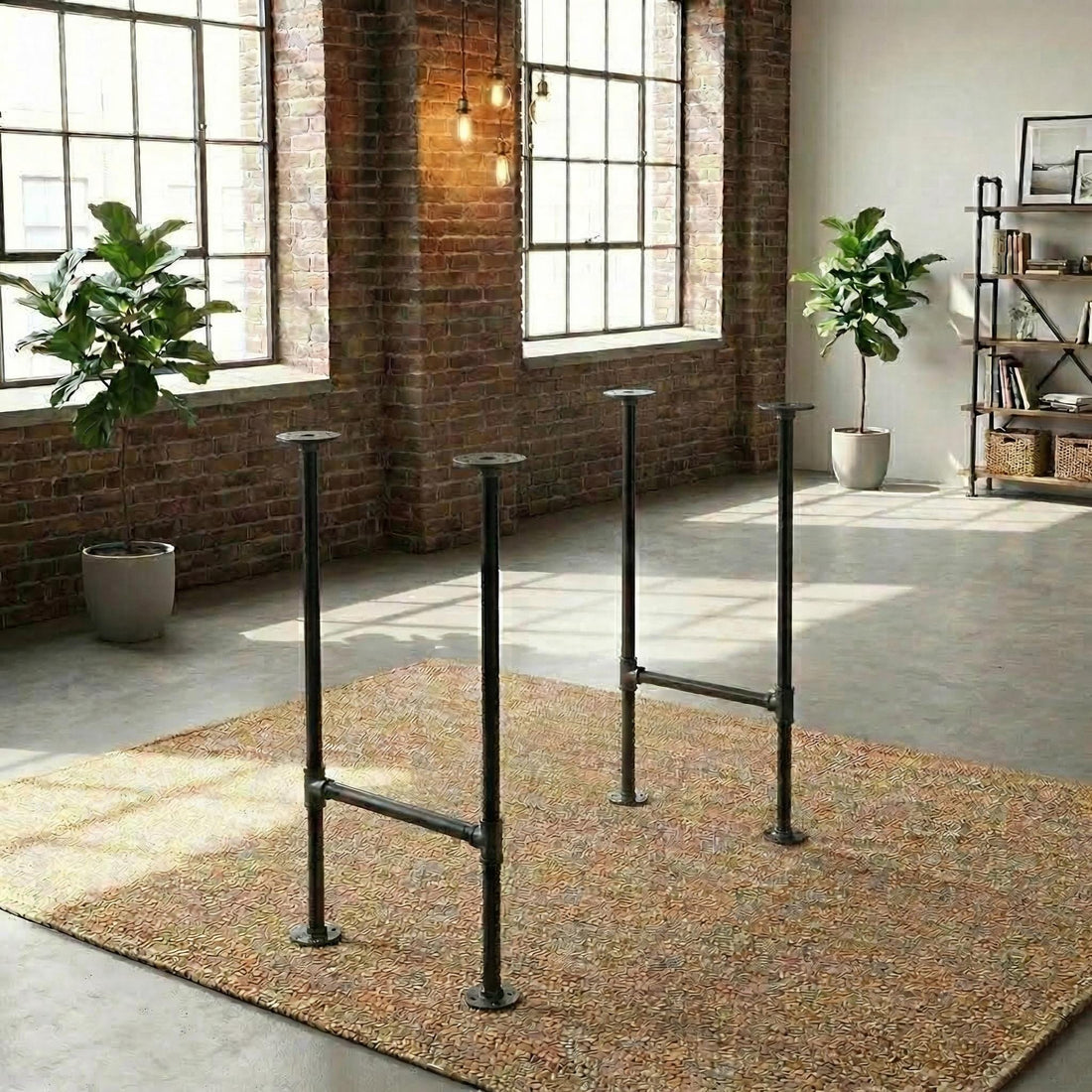 a room with brick walls, large windows, and a rug on the floor. There are two black metal pipes or legs on the floor, and two potted plants are placed in the room.