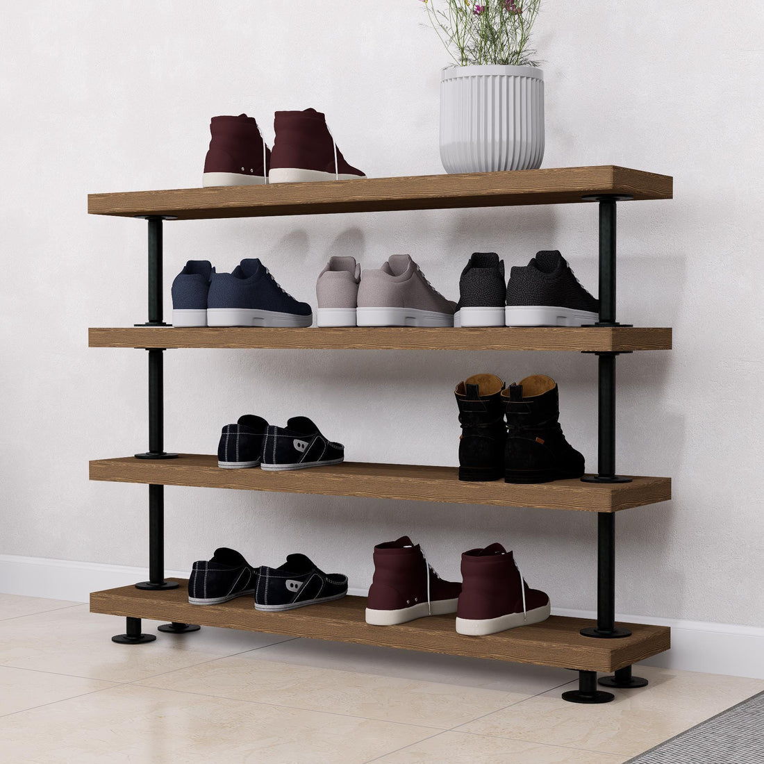 Rustic Tiered Shoe Rack: Wooden Shelves, Industrial Farmhouse Entryway Organizer
