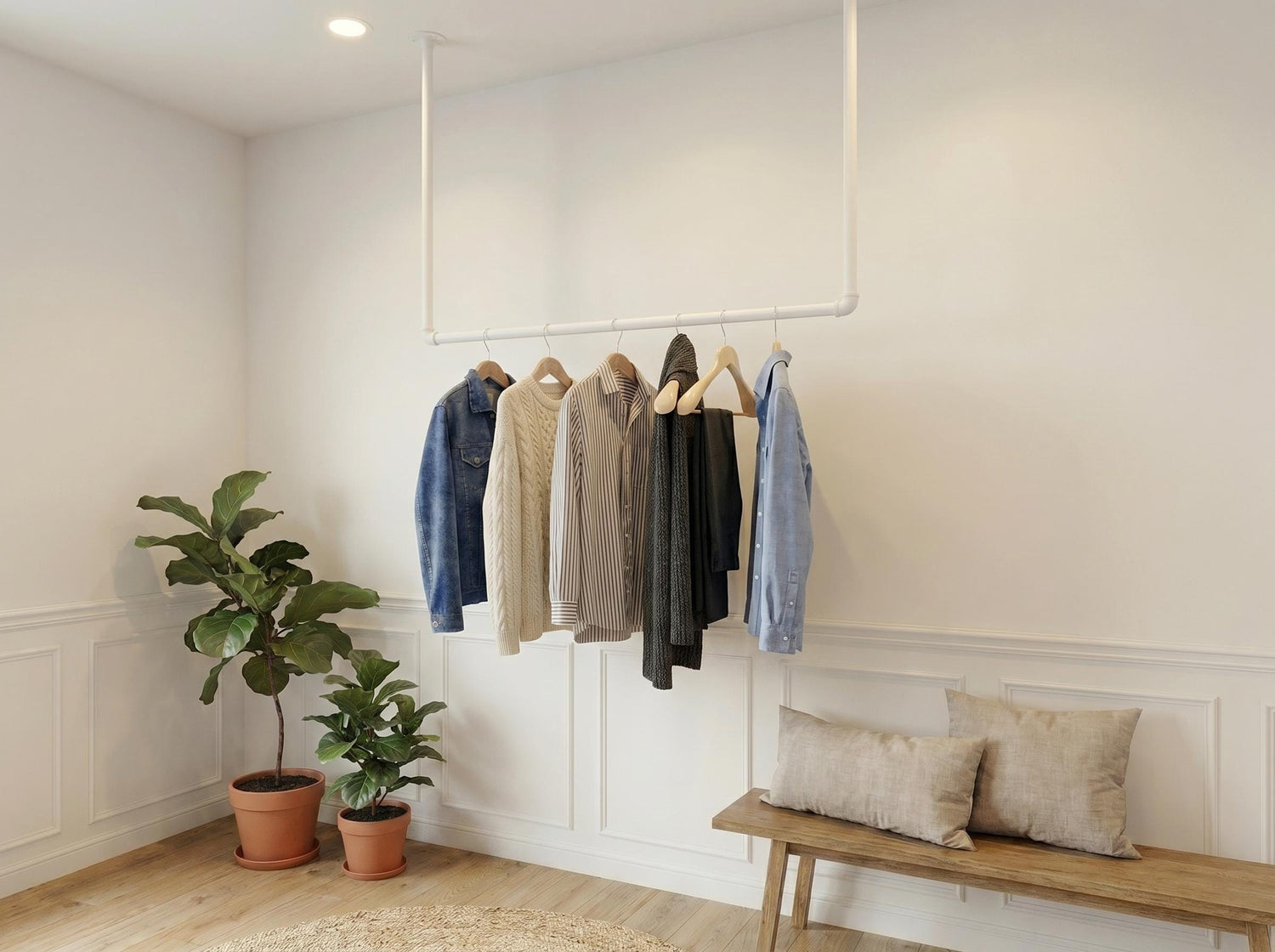 Ceiling Mounted Clothes Rail | White Pipe Hanging Garment Rack Scandi Wardrobe Rail | Boutique Retail Display Ceiling Suspended Garment Rail