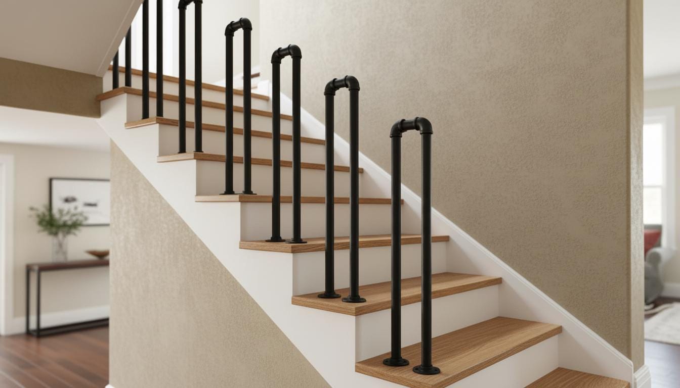 Handcrafted Black Steel Stair Rail, Industrial Hallway Decor Single Rail