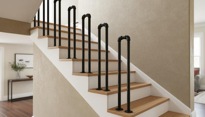 Handcrafted Black Steel Stair Rail, Industrial Hallway Decor Single Rail