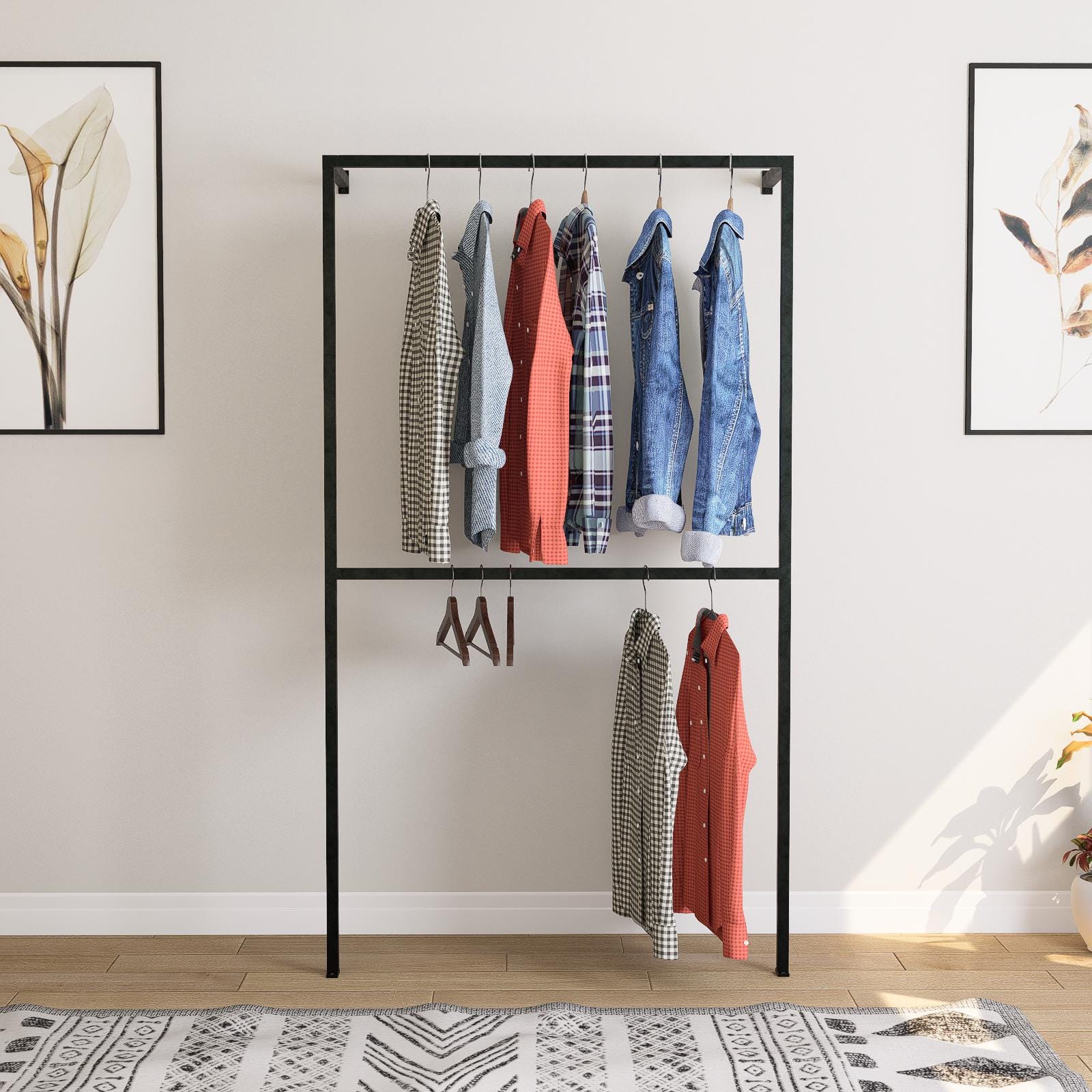 Minimalist wall-mounted clothing rack made from seamless square tube steel, featuring two hanging rails