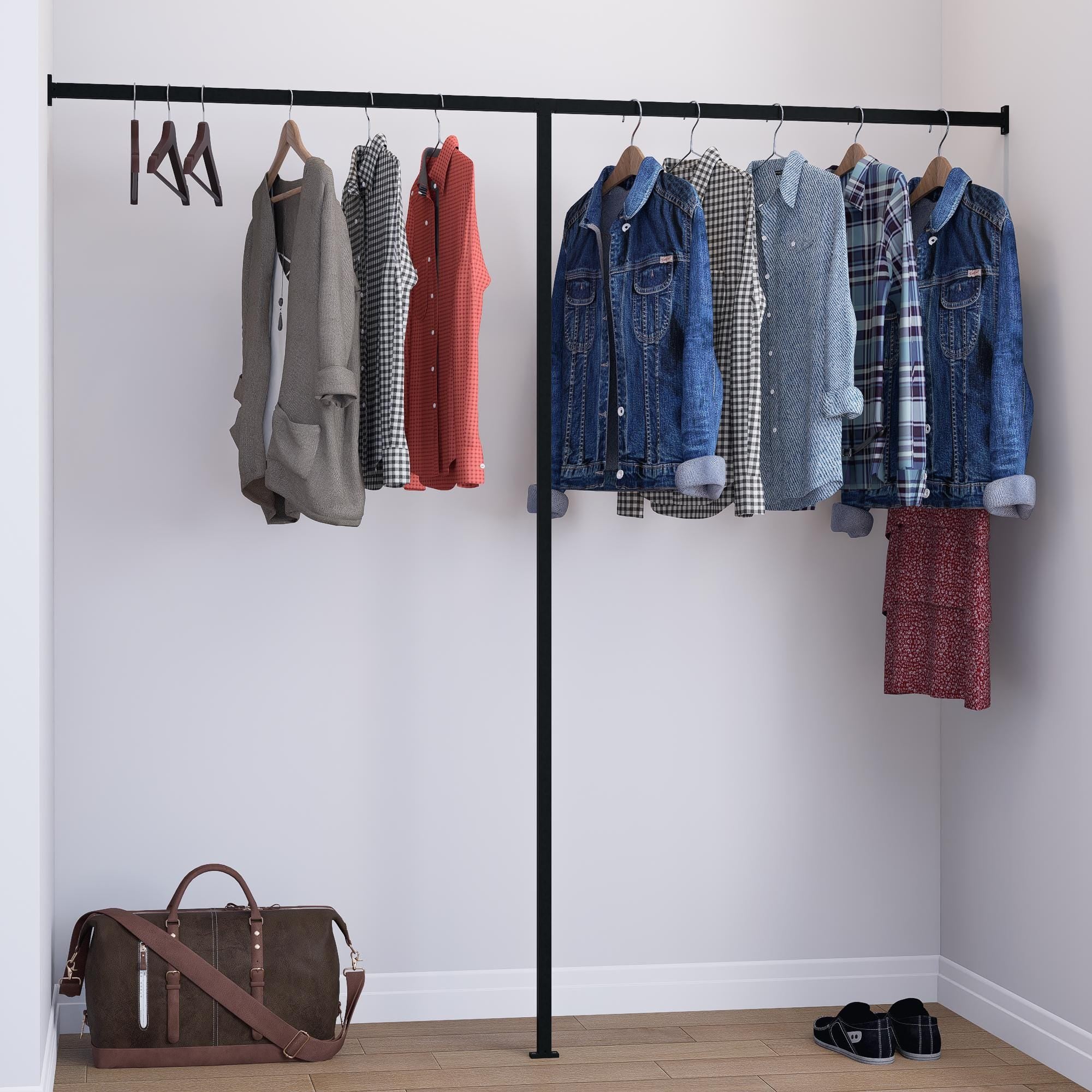 Wall to Wall Clothes Rack | Floor &amp; Wall Mounted Square Tube Rail | Minimalist Industrial Garment Rack for Wardrobes, Boutiques, Homes