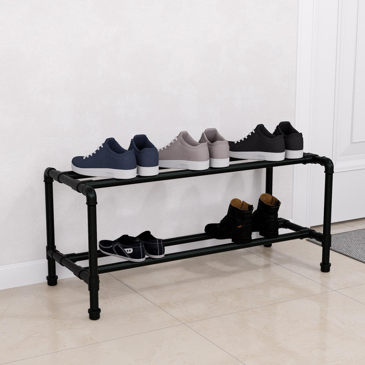 Industrial Pipe Shoe Rack - Metal Shoe Organizer for Entryway or Mudroom - Heavy Duty Black Pipe Shoe Storage - Modern Minimalist Design
