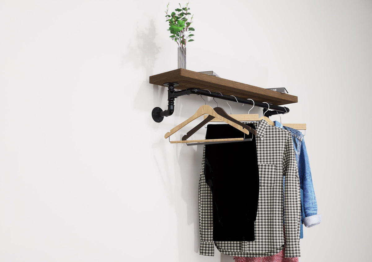 Industrial Wall-Mounted Clothing Rack with Wooden Shelf and Pipe Design - Stylish Storage Solution for Entryway or Bedroom
