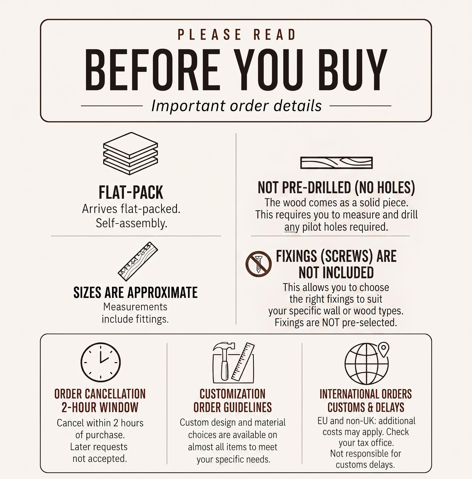 a list of instructions and information about a product, likely a flat-pack or custom-designed item. It includes details about the product's assembly, size, and order specifications, as well as instructions for ordering and delivery.