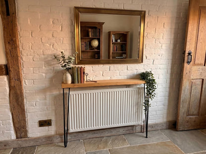 Rustic console table with black 3 pin hairpin legs narrow hallway radiator shelf slim industrial style table hall table radiator cover