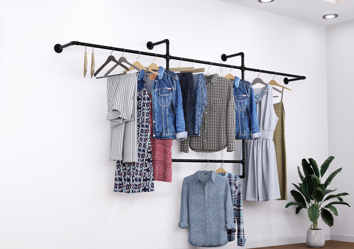 Open Wardrobe Industrial Wall Mounted Clothing Rack Heavy Duty Metal Pipe Garment Rack for Closet, Retail Display, Entryway or Laundry Room