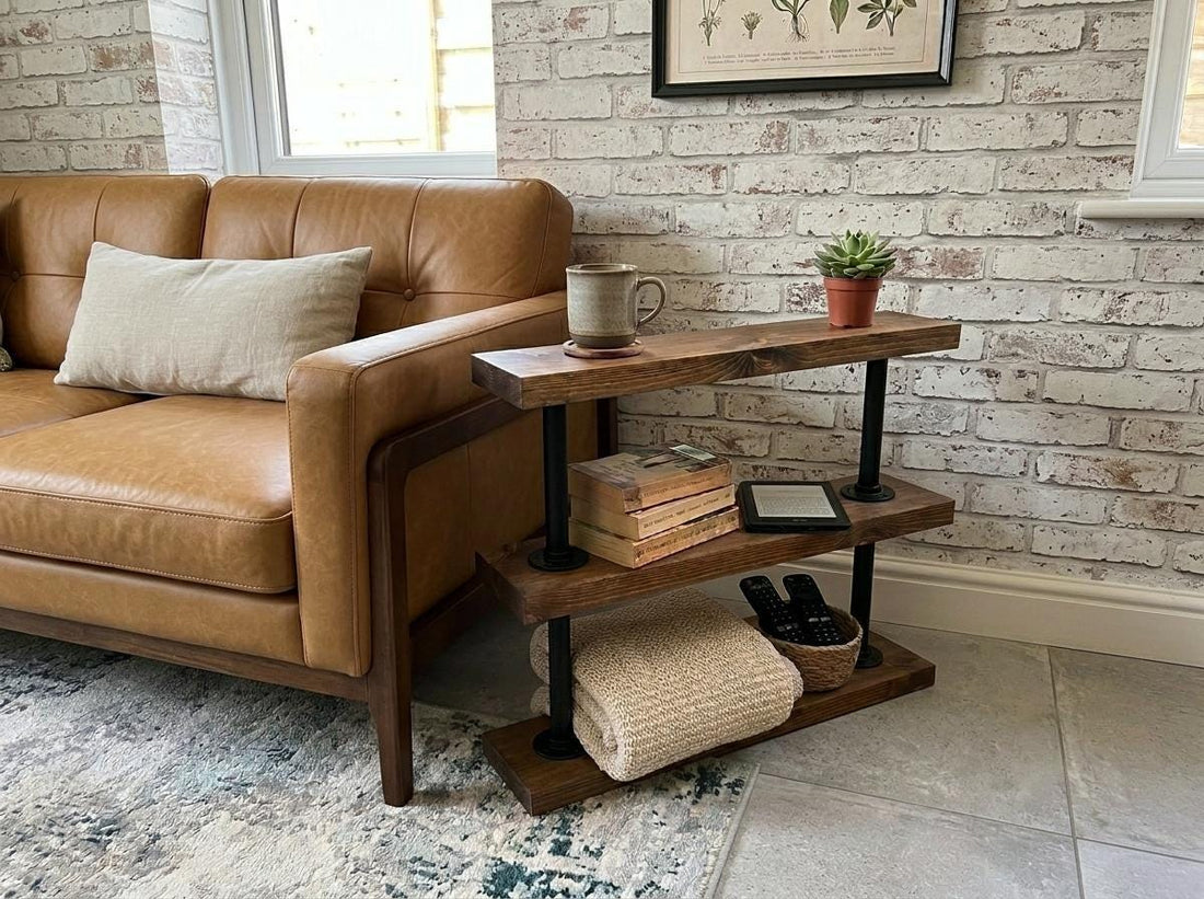 Industrial Pipe &amp; Wood Side Table | Rustic Sofa End Table | Reclaimed Style 3 Tier Shelf | Handmade Living Room Storage | Solid Wood