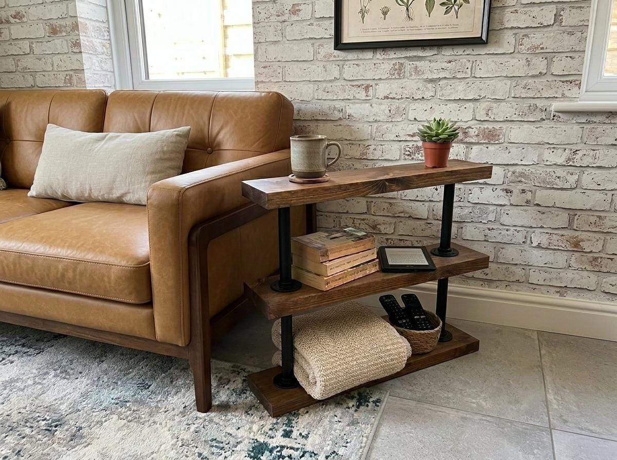 Industrial Pipe &amp; Wood Side Table | Rustic Sofa End Table | Reclaimed Style 3 Tier Shelf | Handmade Living Room Storage | Solid Wood