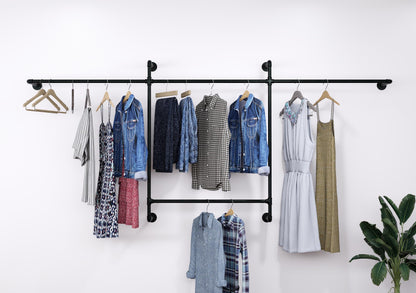 Open Wardrobe Industrial Wall Mounted Clothing Rack Heavy Duty Metal Pipe Garment Rack for Closet, Retail Display, Entryway or Laundry Room