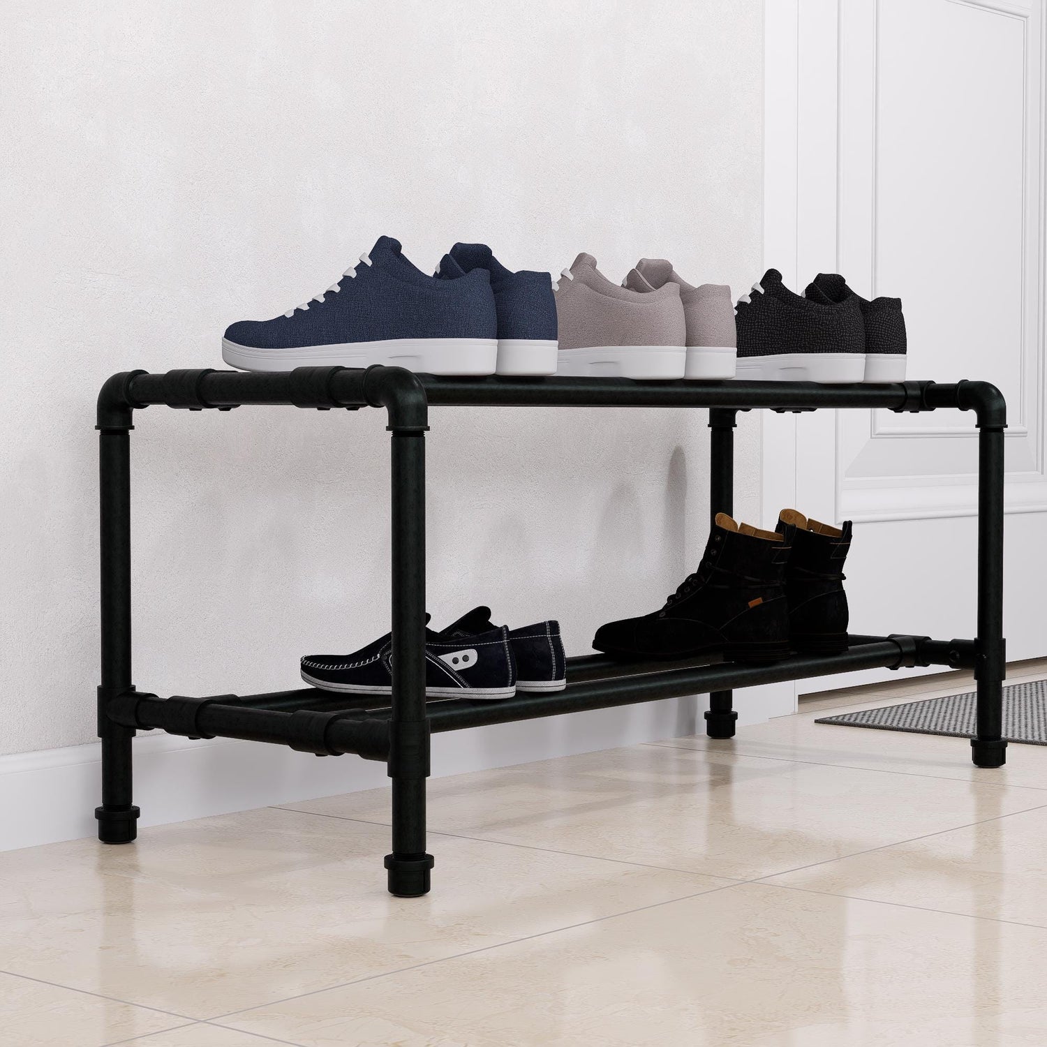 Industrial Pipe Shoe Rack - Metal Shoe Organizer for Entryway or Mudroom - Heavy Duty Black Pipe Shoe Storage - Modern Minimalist Design